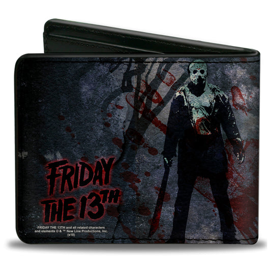 Bi-Fold Wallet - FRIDAY THE 13th Logo Jason Machete Pose Blood Splatter Grays Reds Black - MEGA POP COMICS 