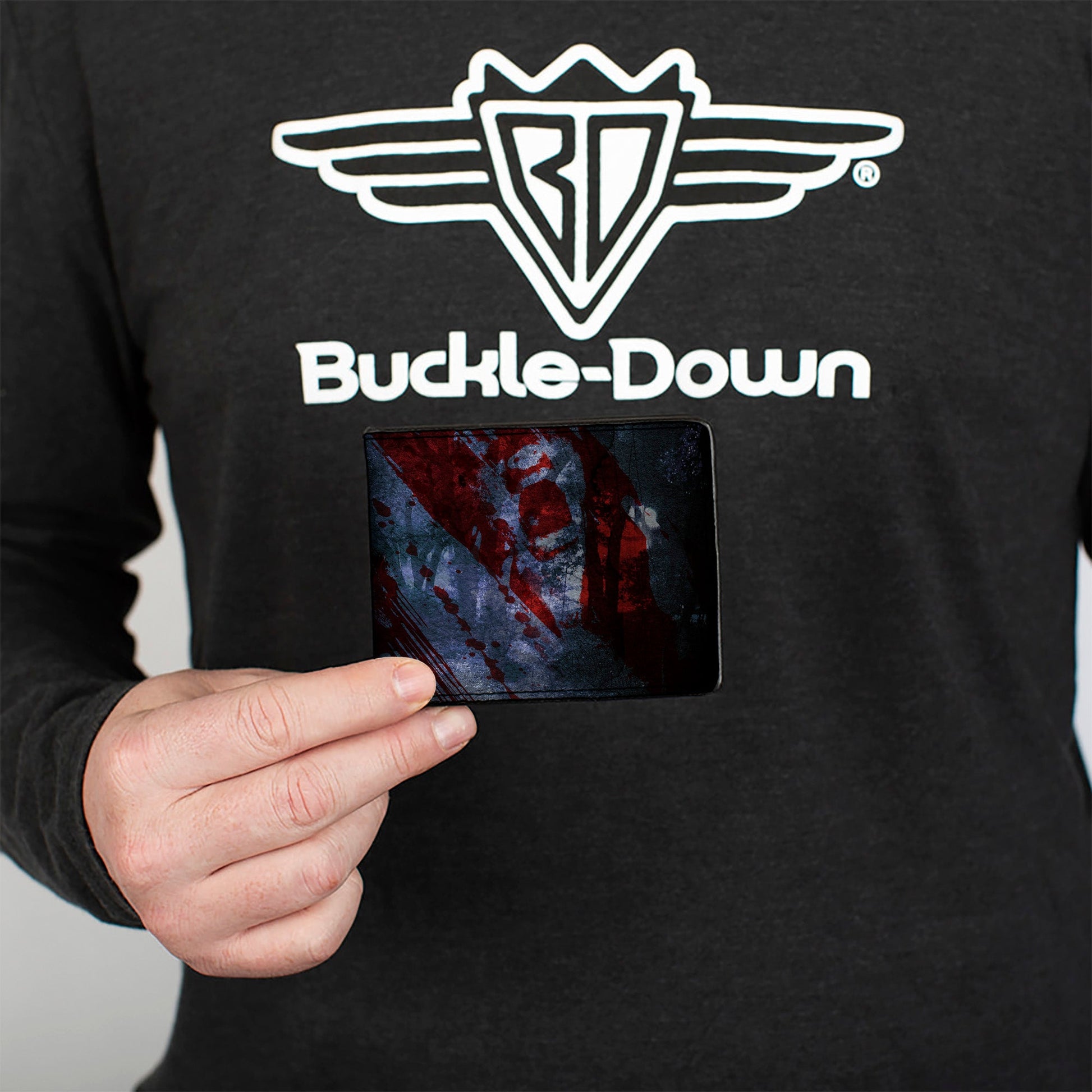 Bi-Fold Wallet - FRIDAY THE 13th Logo Jason Machete Pose Blood Splatter Grays Reds Black - MEGA POP COMICS 