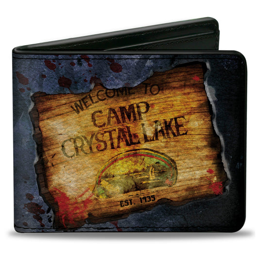 Bi-Fold Wallet - Friday the 13th WELCOME TO CAMP CRYSTAL LAKE Sign Trees Grays Blood Splatter - MEGA POP COMICS 