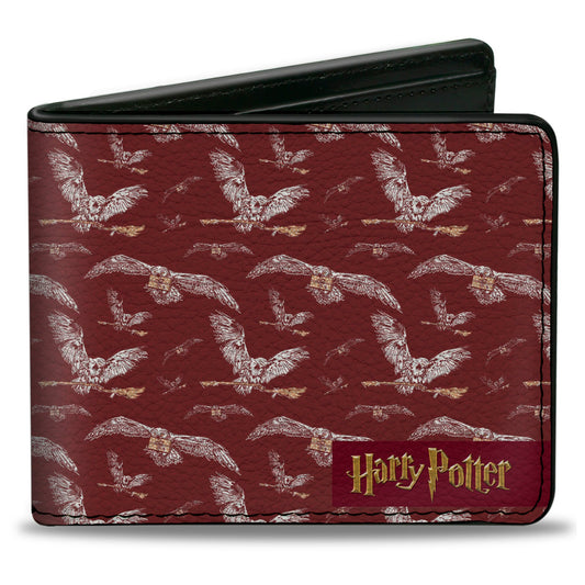 Bi-Fold Wallet - HARRY POTTER Hedwig Flying Poses Burgundy White Golds - MEGA POP COMICS 
