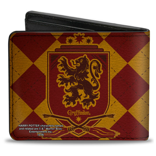 Bi-Fold Wallet - Harry Potter GRYFFINDOR Shield Brooms Argyle Gold Burgundy Reds - MEGA POP COMICS 