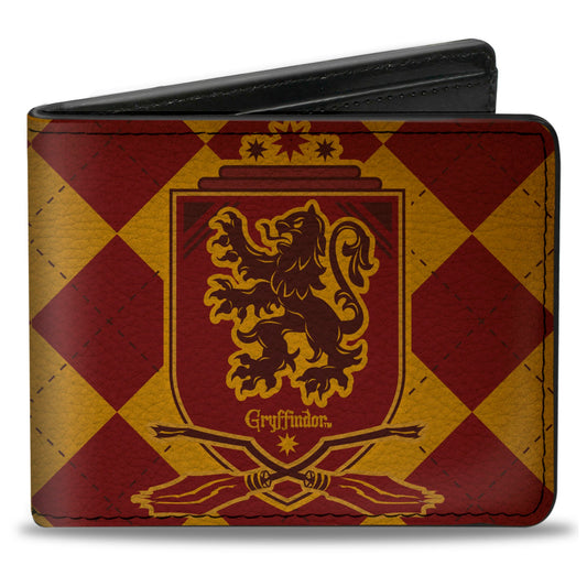 Bi-Fold Wallet - Harry Potter GRYFFINDOR Shield Brooms Argyle Gold Burgundy Reds - MEGA POP COMICS 