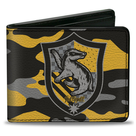 Bi-Fold Wallet - Harry Potter Hufflepuff Crest Camo Yellow Grays Black - MEGA POP COMICS 