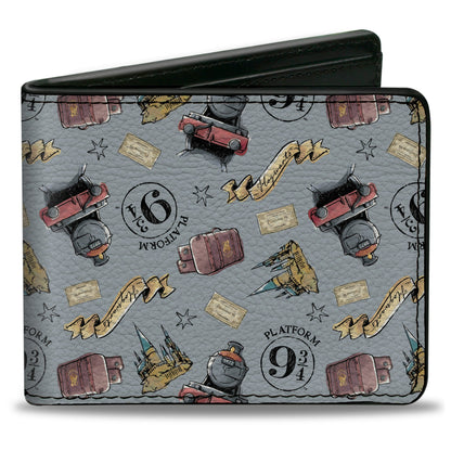 Bi-Fold Wallet - Harry Potter Hogwarts Express Icons Collage Sky Blue - MEGA POP COMICS 