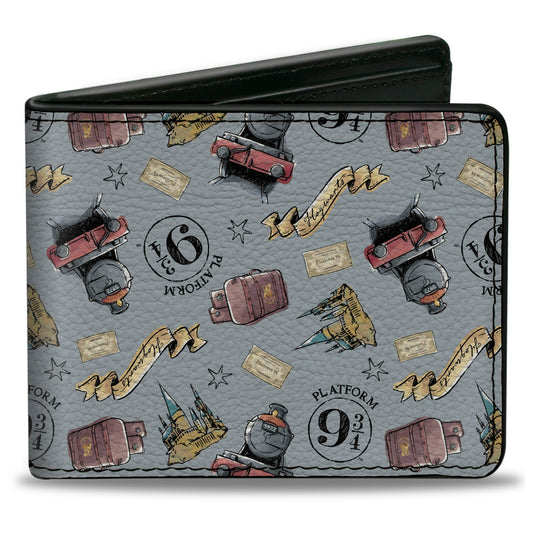 Bi-Fold Wallet - Harry Potter Hogwarts Express Icons Collage Sky Blue - MEGA POP COMICS 
