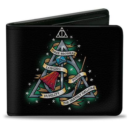 Bi-Fold Wallet - Harry Potter THE DEATHLY HALLOWS Symbol THREE BROTHERS LONGING POWER HUMILITY Tattoo Black - MEGA POP COMICS 