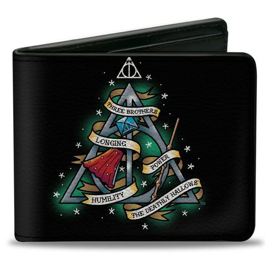 Bi-Fold Wallet - Harry Potter THE DEATHLY HALLOWS Symbol THREE BROTHERS LONGING POWER HUMILITY Tattoo Black - MEGA POP COMICS 