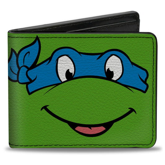 Bi-Fold Wallet - Classic TMNT Leonardo Face CLOSE-UP Green Blue - MEGA POP COMICS 
