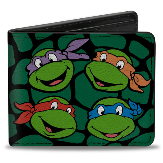 Bi-Fold Wallet - Classic TMNT Turtle Faces Black Green Turtle Shell - MEGA POP COMICS 