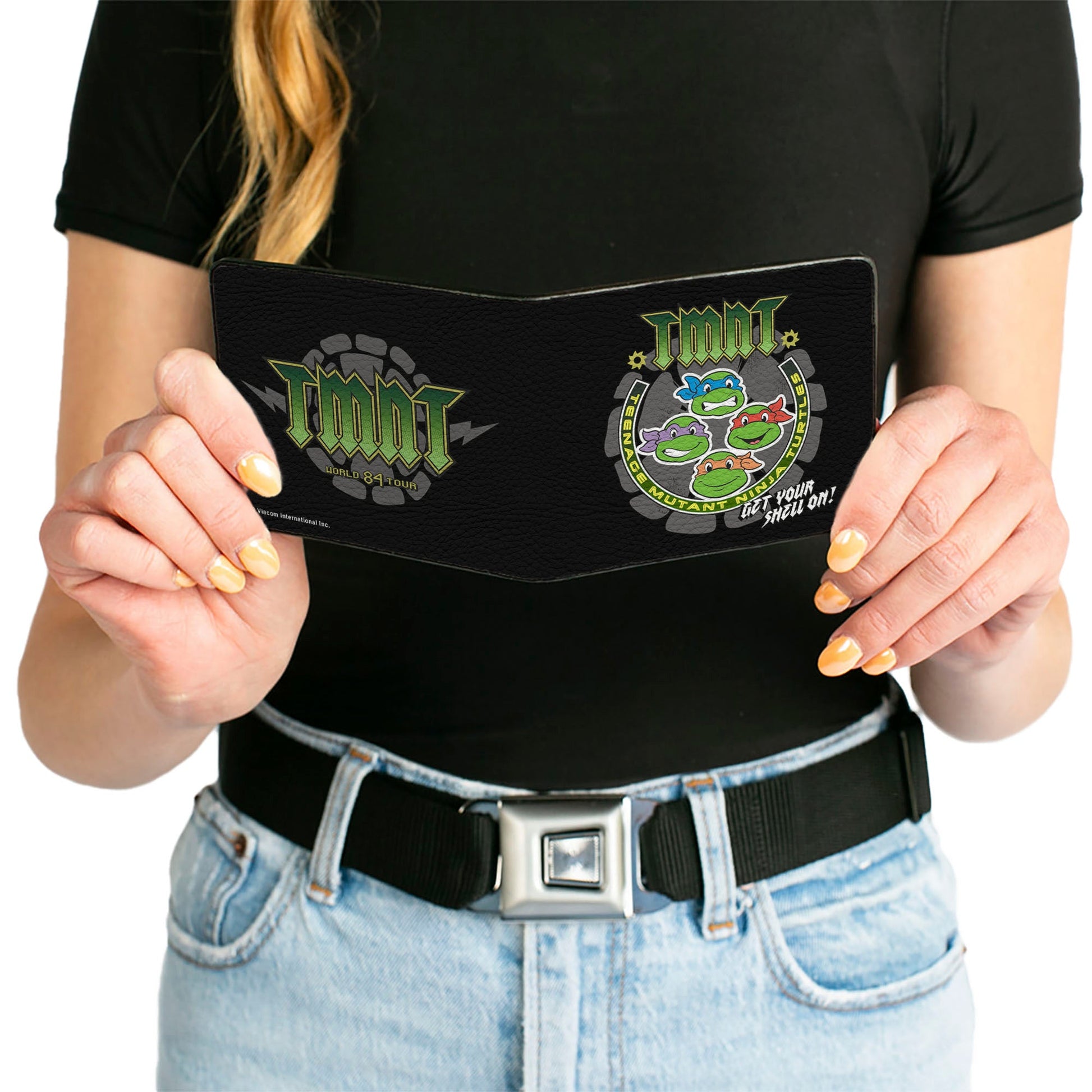 Bi-Fold Wallet - Classic TMNT-GET YOUR SHELL ON + TMNT WORLD TOUR 84 Black Gray Green - MEGA POP COMICS 