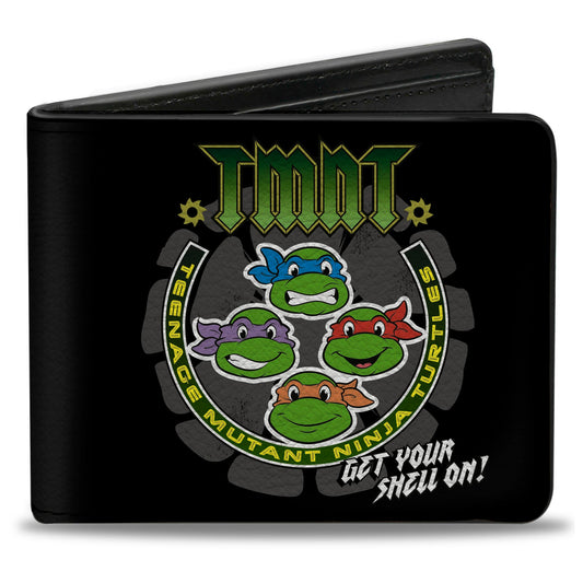 Bi-Fold Wallet - Classic TMNT-GET YOUR SHELL ON + TMNT WORLD TOUR 84 Black Gray Green - MEGA POP COMICS 