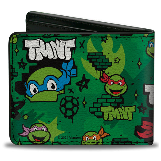 Bi-Fold Wallet - Teenage Mutant Ninja Turtles TMNT Faces Brick Wall Greens - MEGA POP COMICS 