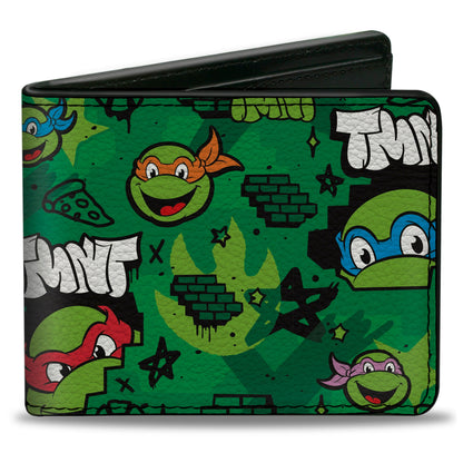 Bi-Fold Wallet - Teenage Mutant Ninja Turtles TMNT Faces Brick Wall Greens - MEGA POP COMICS 