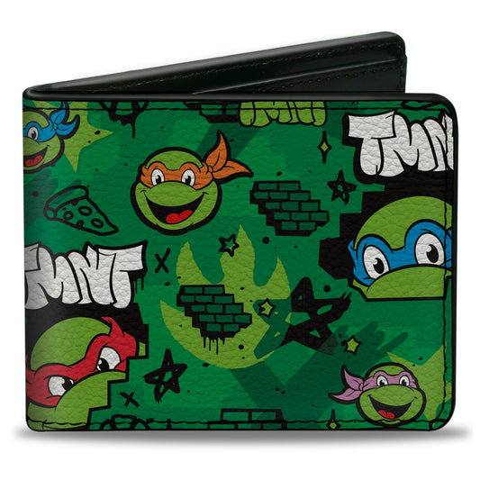 Bi-Fold Wallet - Teenage Mutant Ninja Turtles TMNT Faces Brick Wall Greens - MEGA POP COMICS 