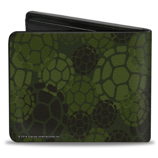 Bi-Fold Wallet - Classic Turtle Face CLOSE-UP Outline TMNT Turtle Shell Camo Olive White - MEGA POP COMICS 