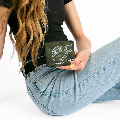 Bi-Fold Wallet - Classic Turtle Face CLOSE-UP Outline TMNT Turtle Shell Camo Olive White - MEGA POP COMICS 