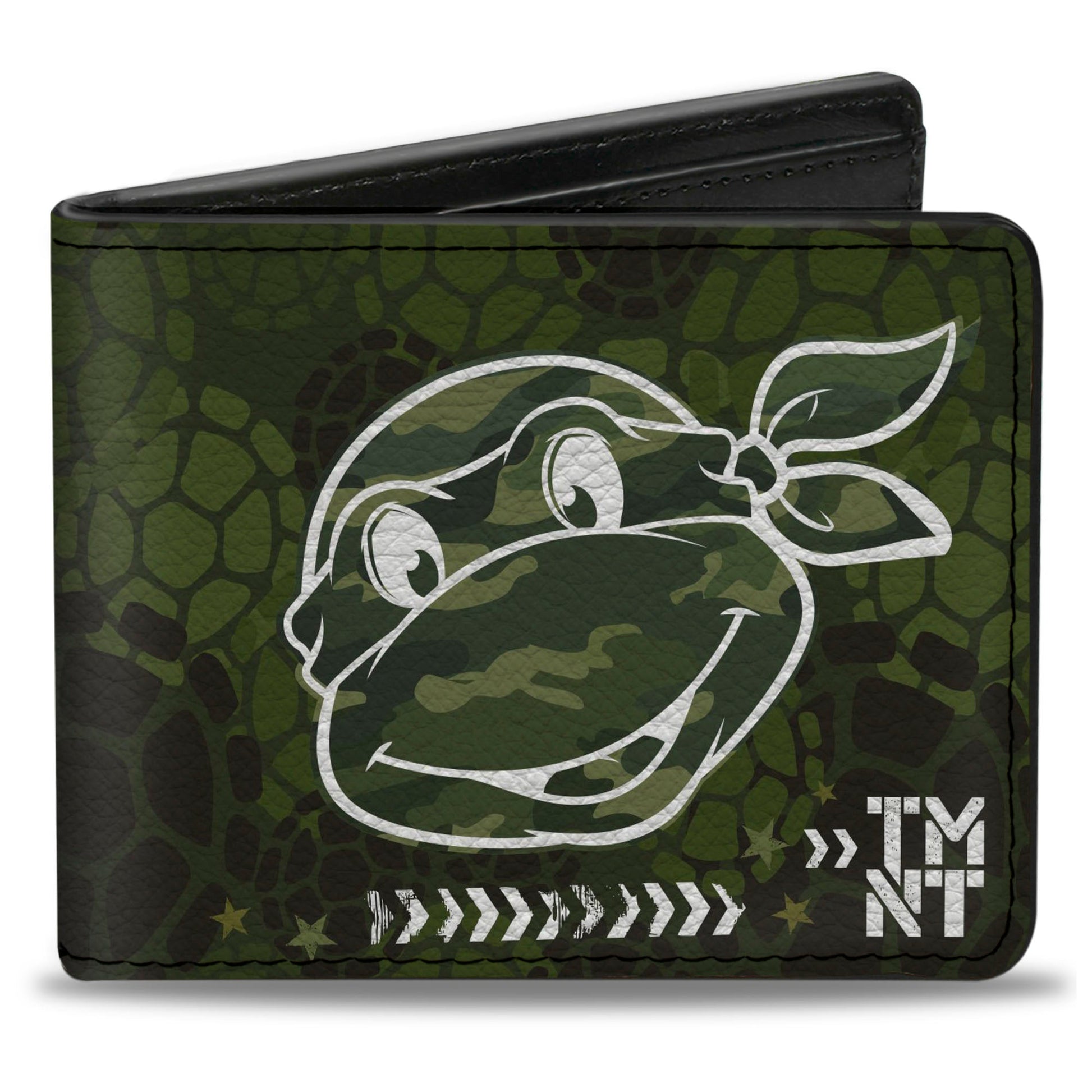 Bi-Fold Wallet - Classic Turtle Face CLOSE-UP Outline TMNT Turtle Shell Camo Olive White - MEGA POP COMICS 