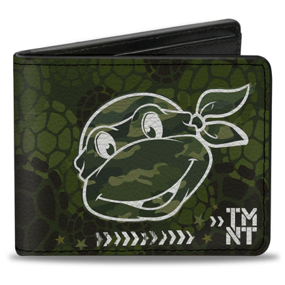 Bi-Fold Wallet - Classic Turtle Face CLOSE-UP Outline TMNT Turtle Shell Camo Olive White - MEGA POP COMICS 