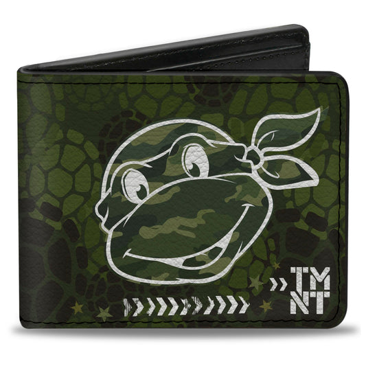 Bi-Fold Wallet - Classic Turtle Face CLOSE-UP Outline TMNT Turtle Shell Camo Olive White - MEGA POP COMICS 