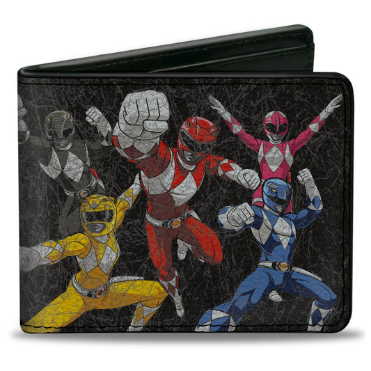 Bi-Fold Wallet - MMPR Power Rangers Group Action Pose Weathered and Title Logo Black - MEGA POP COMICS 