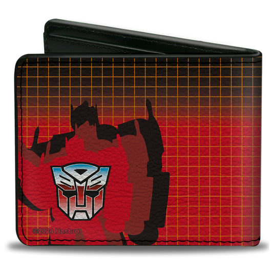 Bi-Fold Wallet - Transformers Optimus Prime Blaster Pose and Autobot Shield Grid Fade Reds - MEGA POP COMICS 