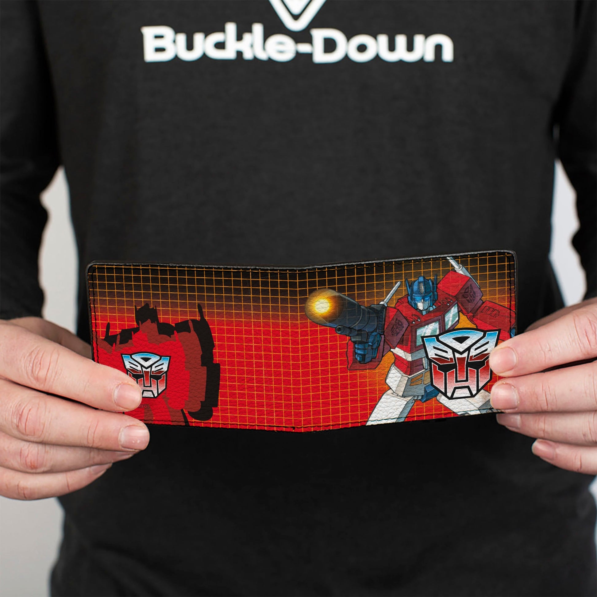 Bi-Fold Wallet - Transformers Optimus Prime Blaster Pose and Autobot Shield Grid Fade Reds - MEGA POP COMICS 