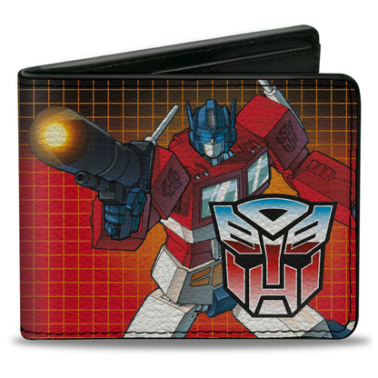 Bi-Fold Wallet - Transformers Optimus Prime Blaster Pose and Autobot Shield Grid Fade Reds - MEGA POP COMICS 