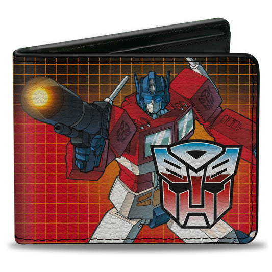 Bi-Fold Wallet - Transformers Optimus Prime Blaster Pose and Autobot Shield Grid Fade Reds - MEGA POP COMICS 