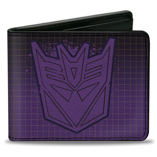 Bi-Fold Wallet - Transformers DECEPTICONS Shield Splatter and Text Grid Fade Purples - MEGA POP COMICS 