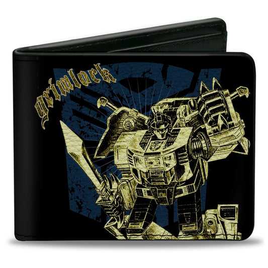 Bi-Fold Wallet - Transformers GRIMLOCK Sword Pose and Autobot Shield Black/Blue/Beige - MEGA POP COMICS 