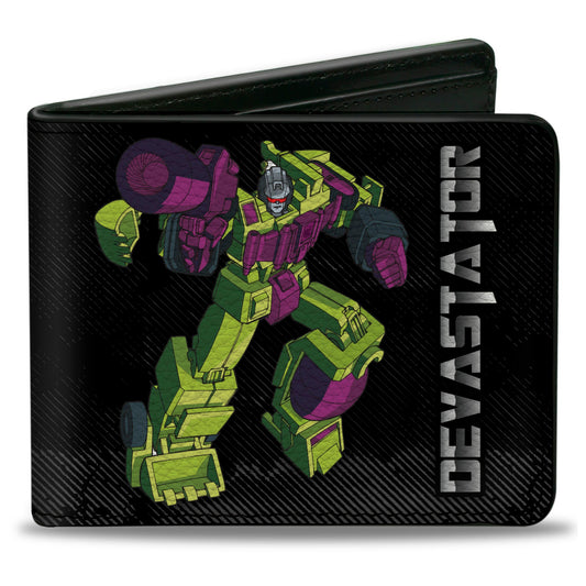Bi-Fold Wallet - Transformers DEVASTATOR Action Pose and Decepticon Shield Black/Silver Fade - MEGA POP COMICS 