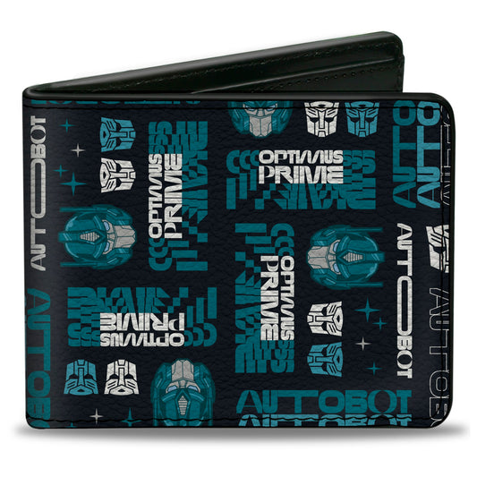 Bi-Fold Wallet - Transformers OPTIMUS PRIME Text and Icons Collage Black/Blues - MEGA POP COMICS 
