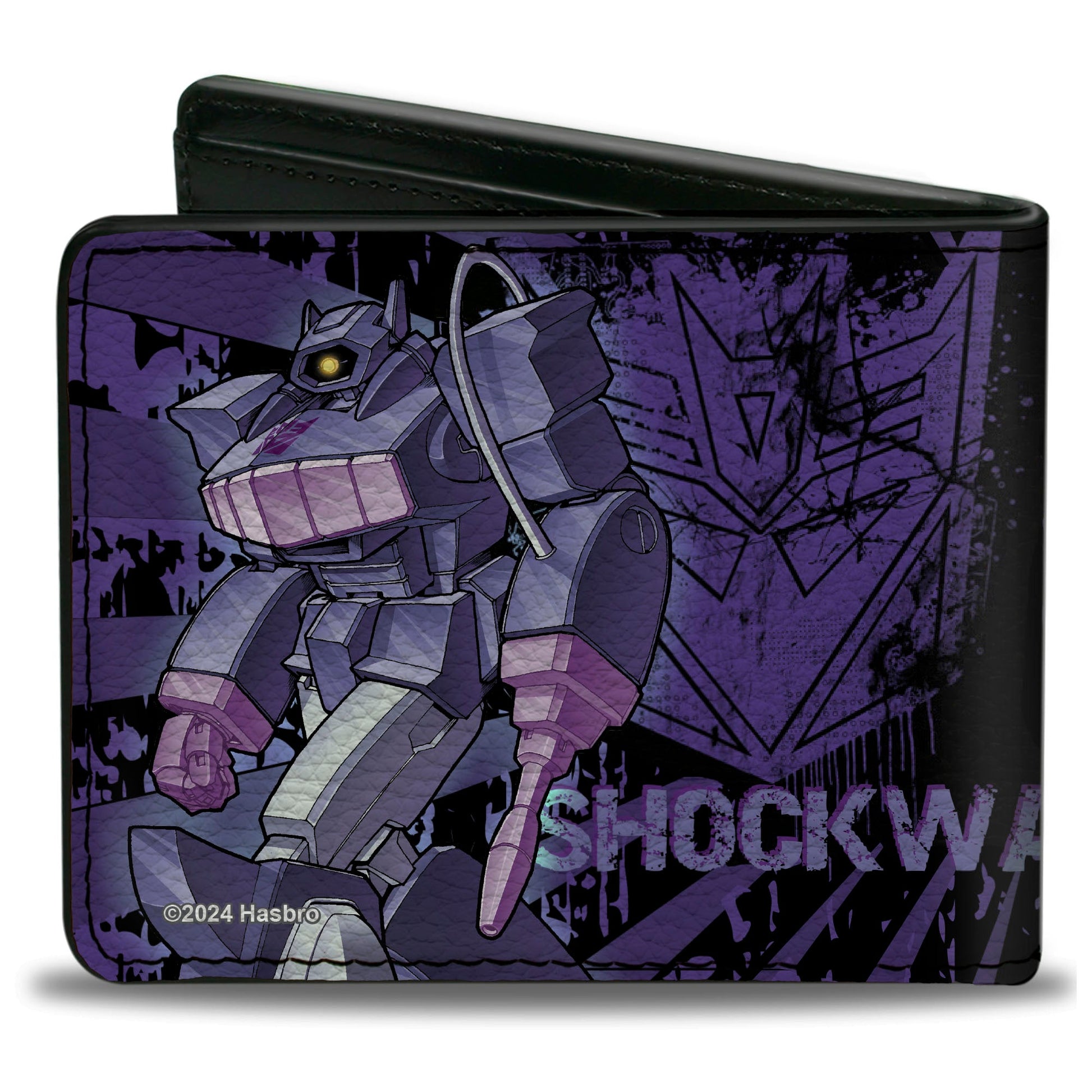 Bi-Fold Wallet - Transformers SHOCKWAVE Poses and Decepticon Shield Rays Black/Purples - MEGA POP COMICS 