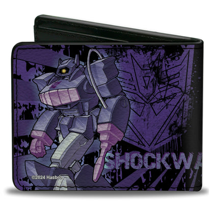 Bi-Fold Wallet - Transformers SHOCKWAVE Poses and Decepticon Shield Rays Black/Purples - MEGA POP COMICS 