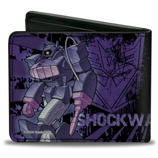 Bi-Fold Wallet - Transformers SHOCKWAVE Poses and Decepticon Shield Rays Black/Purples - MEGA POP COMICS 