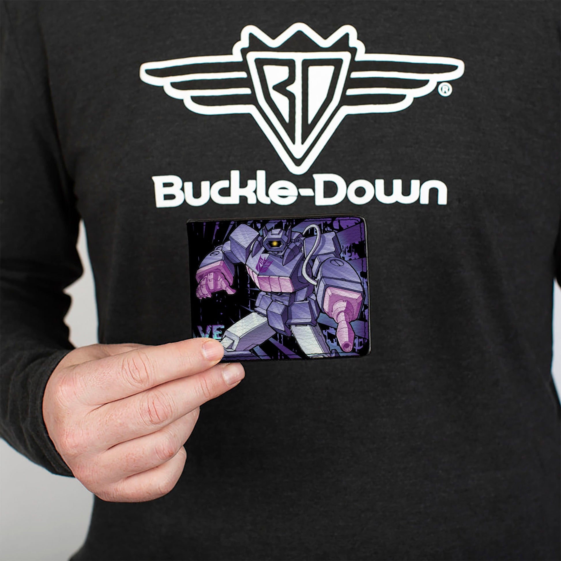 Bi-Fold Wallet - Transformers SHOCKWAVE Poses and Decepticon Shield Rays Black/Purples - MEGA POP COMICS 