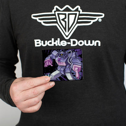 Bi-Fold Wallet - Transformers SHOCKWAVE Poses and Decepticon Shield Rays Black/Purples - MEGA POP COMICS 