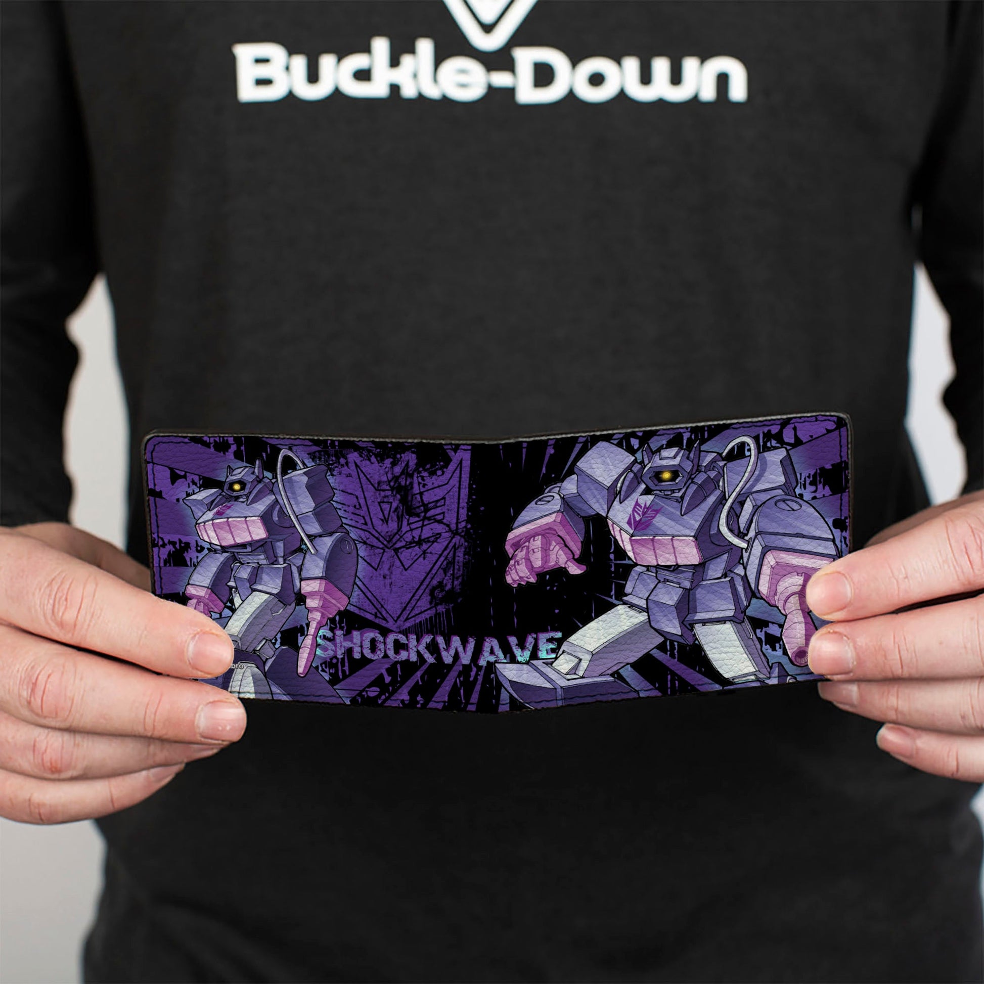Bi-Fold Wallet - Transformers SHOCKWAVE Poses and Decepticon Shield Rays Black/Purples - MEGA POP COMICS 