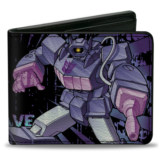 Bi-Fold Wallet - Transformers SHOCKWAVE Poses and Decepticon Shield Rays Black/Purples - MEGA POP COMICS 
