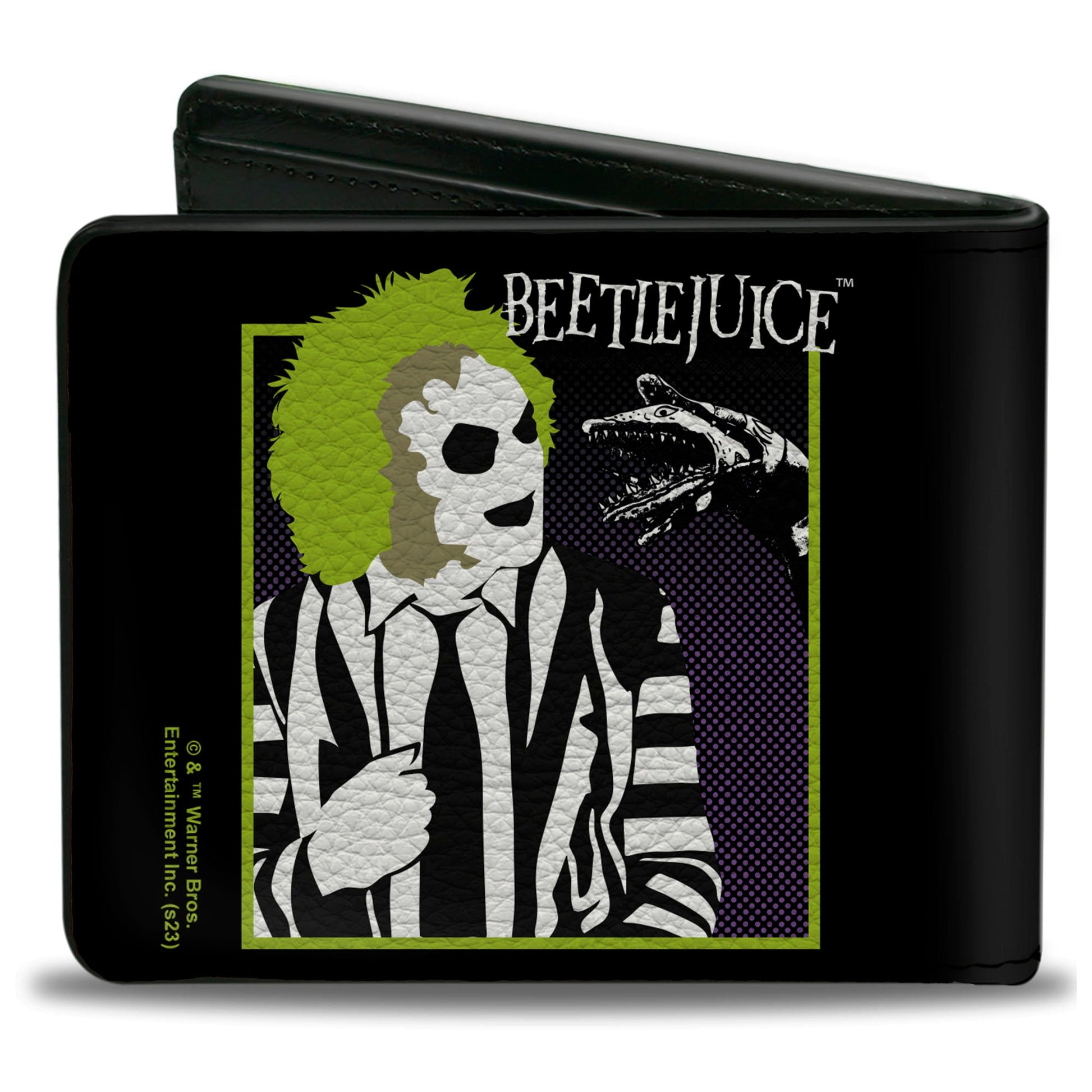 Bi-Fold Wallet - BEETLEJUICE and Sand Worm Pose with Title Logo' Black - MEGA POP COMICS 
