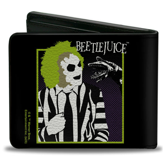 Bi-Fold Wallet - BEETLEJUICE and Sand Worm Pose with Title Logo' Black - MEGA POP COMICS 
