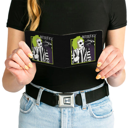 Bi-Fold Wallet - BEETLEJUICE and Sand Worm Pose with Title Logo' Black - MEGA POP COMICS 