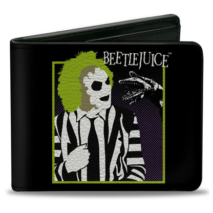 Bi-Fold Wallet - BEETLEJUICE and Sand Worm Pose with Title Logo' Black - MEGA POP COMICS 