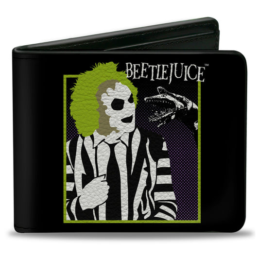 Bi-Fold Wallet - BEETLEJUICE and Sand Worm Pose with Title Logo' Black - MEGA POP COMICS 