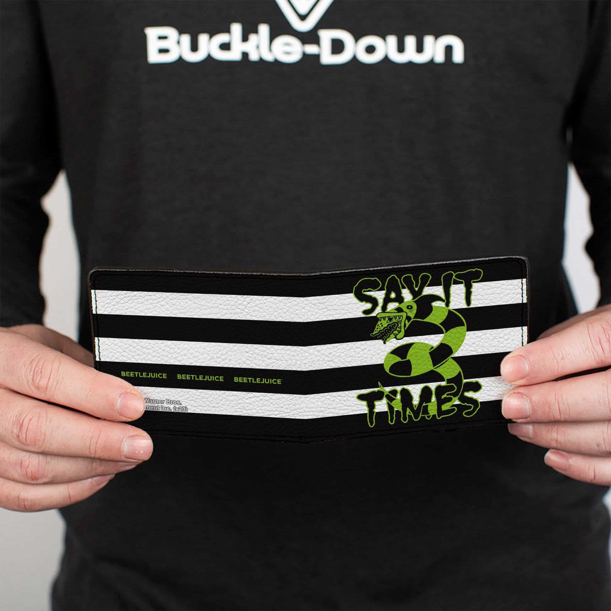 Bi-Fold Wallet - Beetlejuice SAY IT TEN TIMES Sandworm Pose Stripe Black/White/Green - MEGA POP COMICS 