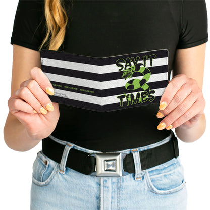 Bi-Fold Wallet - Beetlejuice SAY IT TEN TIMES Sandworm Pose Stripe Black/White/Green - MEGA POP COMICS 