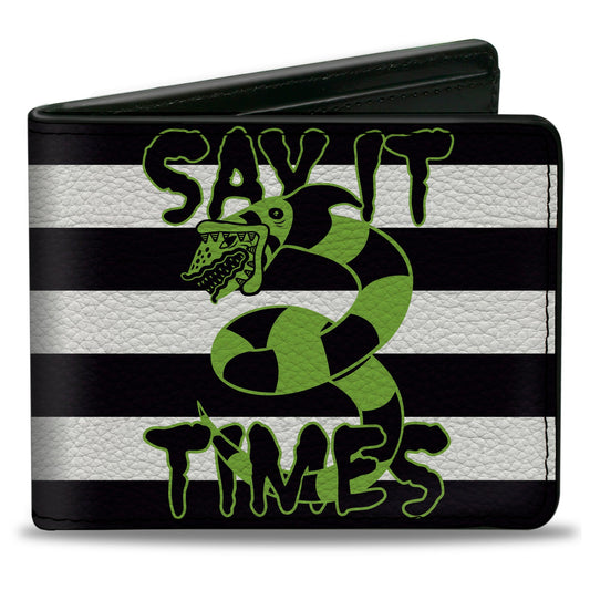 Bi-Fold Wallet - Beetlejuice SAY IT TEN TIMES Sandworm Pose Stripe Black/White/Green - MEGA POP COMICS 