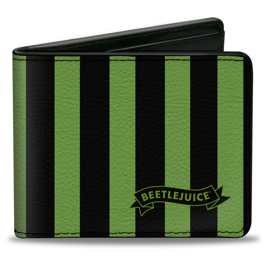 Bi-Fold Wallet - BEETLEJUICE Chibi Characters and Spider Webs Collage Greens - MEGA POP COMICS 