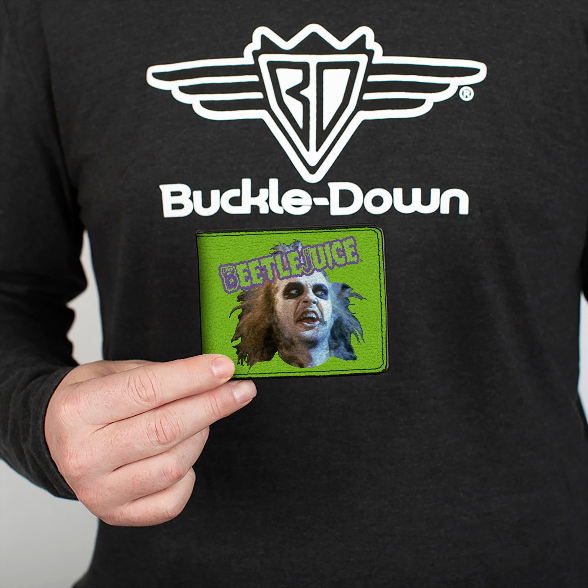 Bi-Fold Wallet - BEETLEJUICE Face and Text Green/Purple - MEGA POP COMICS 