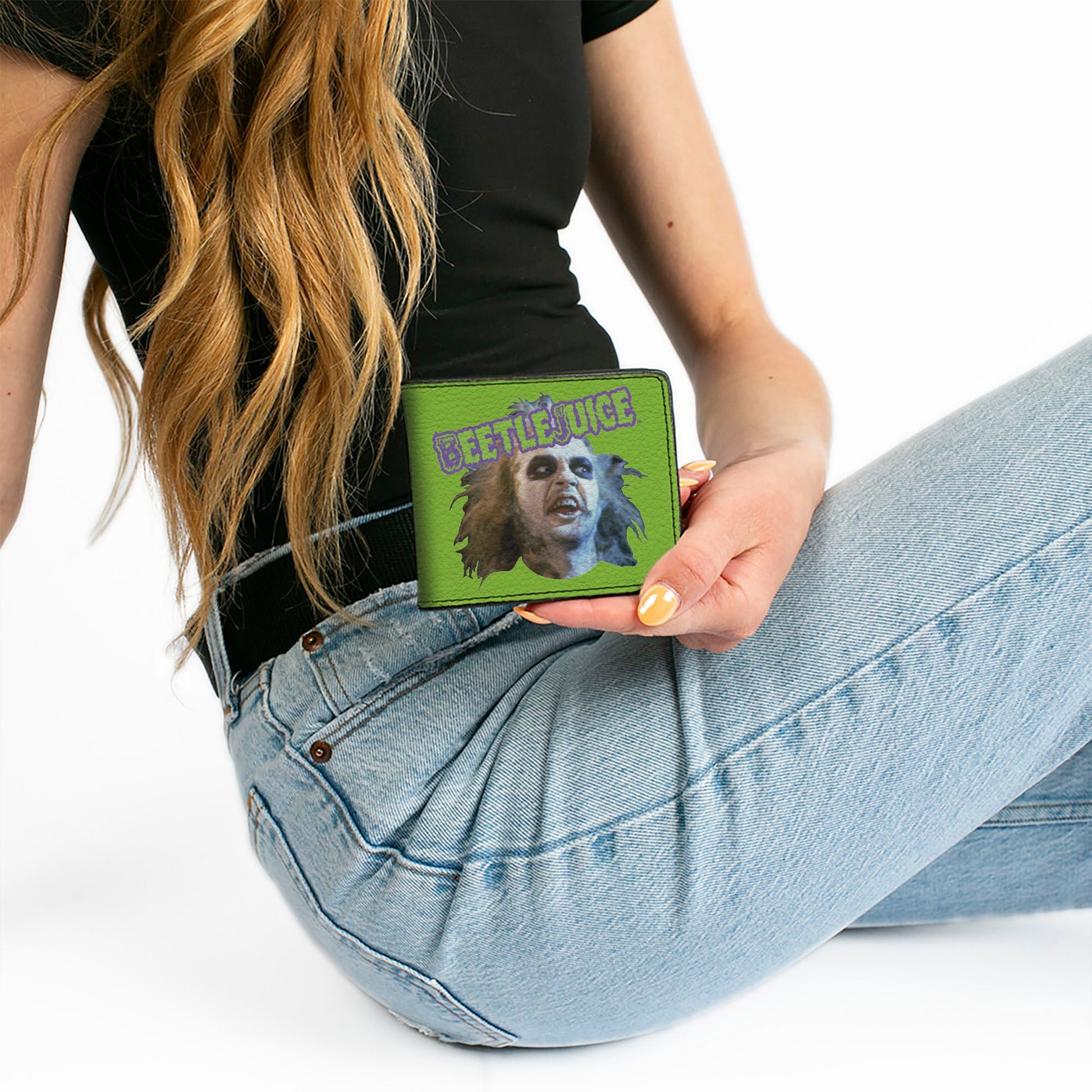Bi-Fold Wallet - BEETLEJUICE Face and Text Green/Purple - MEGA POP COMICS 